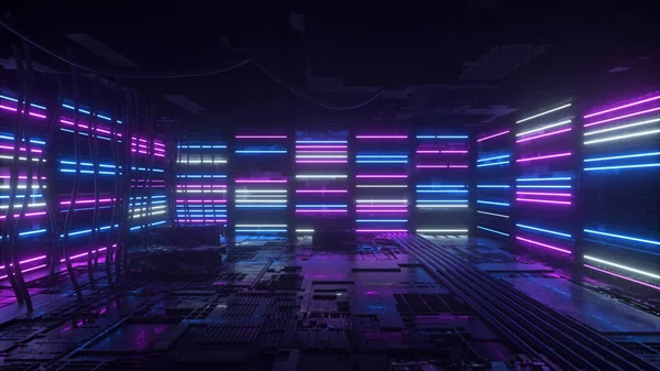 Neon bakgrund. Lila och blå neon bakgrund visas och försvinner. Ljus pulserande neon bakgrund. Tekniskt utrymme. Rum. 3D-illustration — Stockfoto