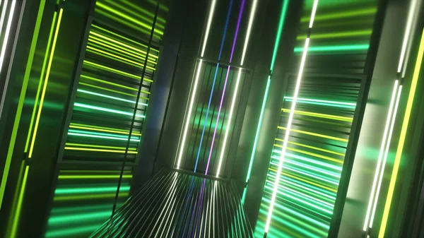 Luces de neón brillantes en una sala de metal. Luz fluorescente moderna. Espectro de neón amarillo verde. ilustración 3d — Foto de Stock