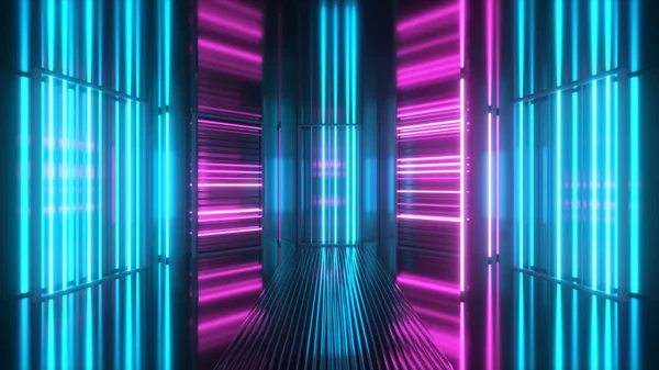 Luces de neón brillantes en una sala de metal. Luz fluorescente moderna. Espectro de neón violeta azul. animación 3d —  Fotos de Stock