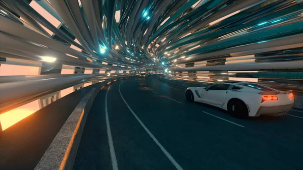 Rörelsen av bilar på en futuristisk bro med fiberoptik. Framtida teknik koncept. Affärsbakgrund. Behagligt naturligt ljus. 3D-illustration — Stockfoto