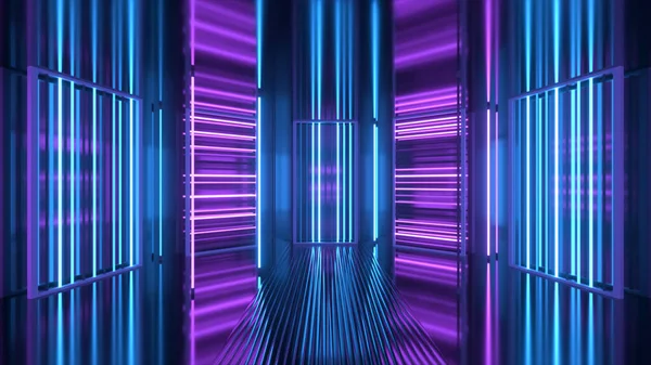 Neon background. Purple and blue neon background appears and disappears. Bright live neon background. Metallic room. 3d illustration