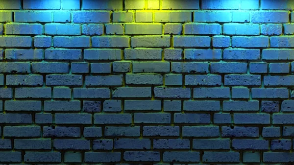 Muro di mattoni vuoto con luce al neon, spazio copia. Effetto luce su uno sfondo muro di mattoni. Spettro luminoso moderno. Sfondo vuoto. Illustrazione 3d — Foto Stock