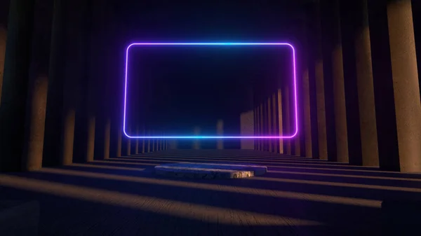 Quadro de néon brilhante no meio de um museu de concreto de pedra. Espaço para cópia. Espectro de luz moderno. Arquitetônico neon animação fundo 3d ilustração — Fotografia de Stock