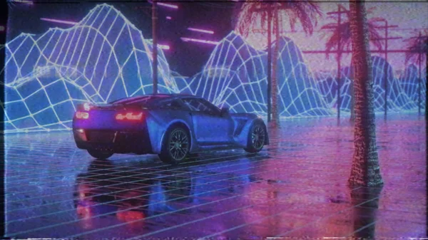 VHS効果で80年代レトロな背景3Dイラスト。ネオン抽象的な空間を通して未来的な車のドライブ。後宇多 — ストック写真