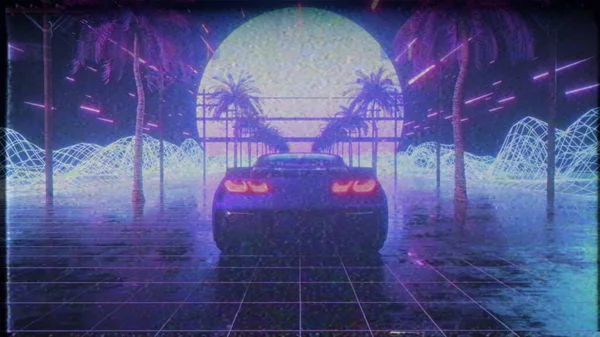 VHS効果で80年代レトロな背景3Dイラスト。ネオン抽象的な空間を通して未来的な車のドライブ。後宇多 — ストック写真