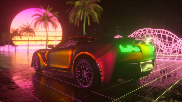 80年代背景3D插图。未来派汽车穿过霓虹灯的抽象空间. — 图库照片