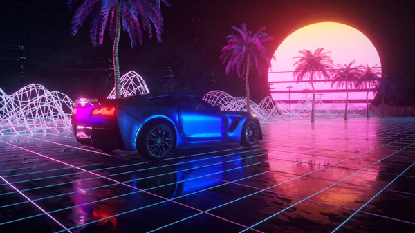 80s retro fondo 3d ilustración. Conducir coche futurista a través de neón espacio abstracto. —  Fotos de Stock