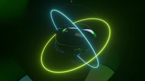 Neon halkalarla aydınlatılan koyu renkli küreler ile soyut bir arkaplan. Kusursuz döngünün 3d animasyonu — Stok video
