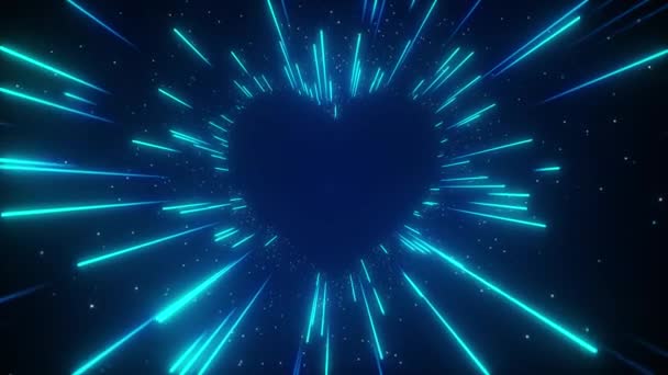 Voar num túnel azul futurista em forma de coração de néon. Corredor abstrato com linhas de luz em movimento rápido. Animação 3D em loop sem costura. — Vídeo de Stock