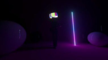 Kafası yerine televizyonu olan bir gitarist stüdyoda gitar çalıyor. TV ekran hatası. Renkli şerit teknik sorunlar. Yaratıcı bir kavram. 3d canlandırma