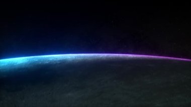 Ayda uzaydan fantastik bir neon gün doğumu. Ay 'ın dönüşü. Modern ultraviyole ışık. Mavi mor ışık tayfı. Yıldızlar ve uzay. 3d canlandırma
