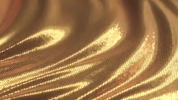 Oro hermoso fondo brillante de lentejuelas y bokeh. Textura de tejido festivo ondulado con partículas brillantes de cerca. animación 3d — Vídeo de stock