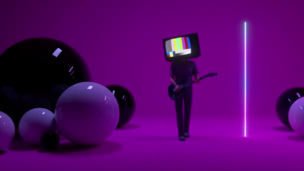 Een gitarist met een TV in plaats van een hoofd speelt gitaar in de studio. Een fout op het tv scherm. Kleurstreep technische problemen. Creatief concept. 3D-animatie — Stockvideo