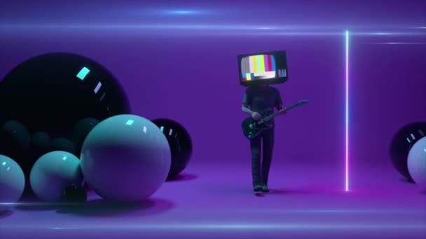 Een gitarist met een TV in plaats van een hoofd speelt gitaar in de studio. Een fout op het tv scherm. Kleurstreep technische problemen. Creatief concept. 3D-animatie — Stockvideo