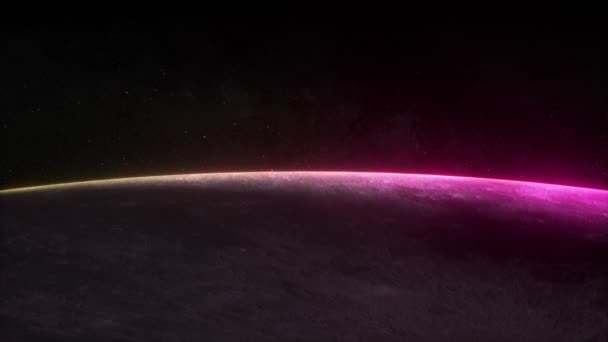 달에서의 환상적 인 네온 일출이죠. 달의 자전. 현대의 자외선. 노랑 자주색의 빛 스펙트럼. 별과 공간. 3d 애니메이션 — 비디오