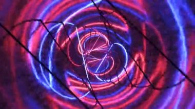Neon ışıklı metal bir tünelde uçmak. Halojen lambalar. Soyut arkaplan. Modern mavi kırmızı tayf. 3d canlandırma