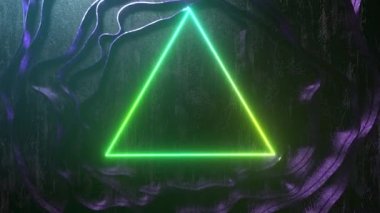 Soyut neon arkaplan. Parlak neon üçgen dinamik çizgilerle etkileşir. Modern ultraviyole neon ışık. Yeşil spektrum.