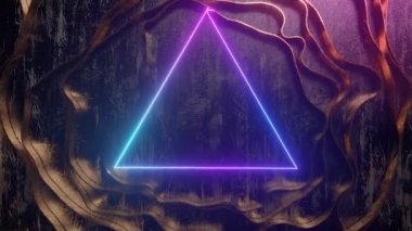 Soyut neon arkaplan. Parlak neon üçgen dinamik çizgilerle etkileşir. Modern ultraviyole neon ışık. Mavi pembe tayf.