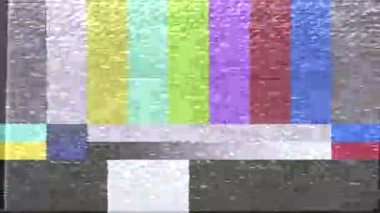 TV ekran hatası. SMPTE renk şeridi teknik problemleri. Renk çubuğu verilerinde arıza. Kasıtlı arıza bozulması. TV test örneği, renkli çizgili, kara kutu ve uyarı.