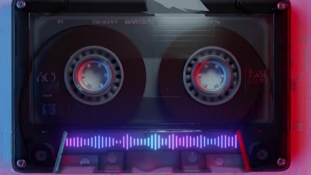 Eski bir kasette bant değiştiriyorum. Retro müzik konsepti. Neon dengeleyicisi. Klasik neon ışıklandırma. Kusursuz döngünün 3d animasyonu. — Stok video