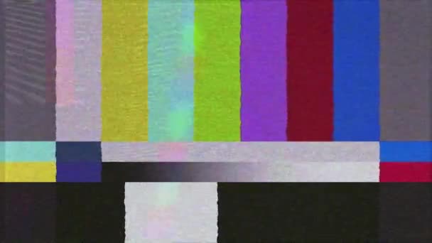 Λάθος οθόνης τηλεόρασης. SMPTE χρώμα λωρίδα τεχνικά προβλήματα. Αποτυχίες στα δεδομένα της γραμμής χρώματος. Σκόπιμη παραμόρφωση δυσλειτουργίας. Δείγμα τηλεοπτικής δοκιμής, με έγχρωμες ρίγες, μαύρο κουτί και προειδοποίηση. — Αρχείο Βίντεο
