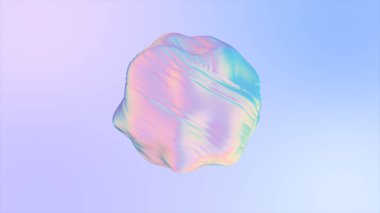 Soyut, pürüzsüz sıvı bir şeklin 3 boyutlu animasyonu. Dalgalanmalı ve kıvrımlı holografik kumaş topu. 3d illüstrasyon