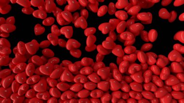 Düşen dinamik kırmızı kalpler izole edilmiş siyah arka planda ekranı dolduruyor. 3d illüstrasyon