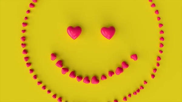 Cuori Rossi Cadenti Che Formano Emoticon Sorridente Uno Sfondo Giallo — Foto Stock