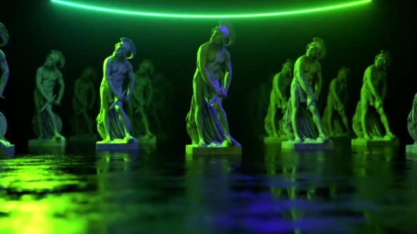 菲洛波人雕塑被霓虹灯照亮。通过3D扫描获得的博物馆艺术品。复古的未来主义设计。3D动画 — 图库视频影像
