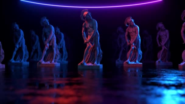 Скульптура Філопемена, освітлена неоновим світлом. Об'єкт мистецтва музею отриманий за допомогою 3D-сканування. Ретро футуристичний дизайн. 3d анімація — стокове відео