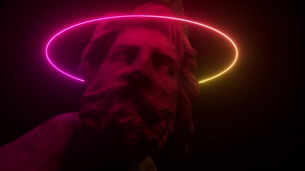 Filozófusok szobra neon fénnyel megvilágítva. Múzeumi tárgy szerzett 3D szkennelés. Retro futurisztikus design. 3D animáció — Stock videók