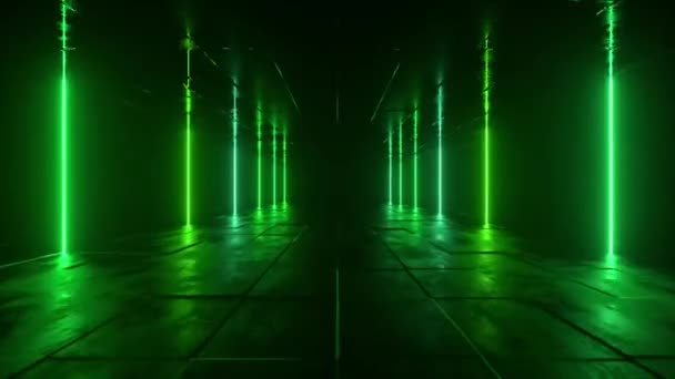 Futuristico bacground fantascientifico. Luci al neon verdi brillano in una stanza con pavimento in cemento con riflessi di spazio vuoto. Alieno, Astronave, Futuro, Arco. Progressi. Animazione 3D di loop senza soluzione di continuità. — Video Stock