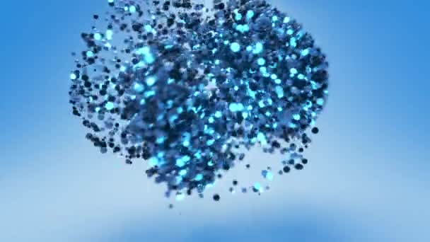 Dinâmica de esferas de partículas brilhantes azuis abstratas. Uma grande esfera atrai pequenas. Conceito científico.. Tecnologia abstrata, engenharia e inteligência artificial fundo movimento. Animação 3D — Vídeo de Stock