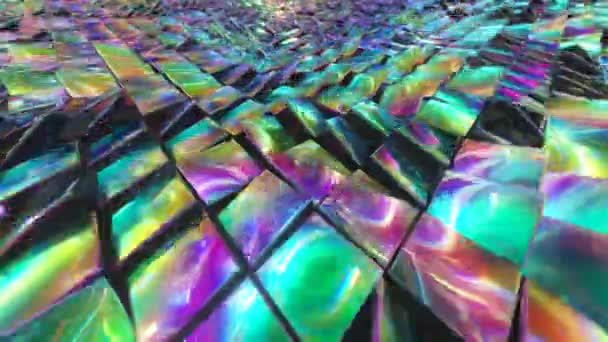 A fényvisszaverő holografikus kockák absztrakt háttere hullámfelszínt hoz létre. Modern neon világítás, trendi háttér. 3D animáció a zökkenőmentes hurok — Stock videók