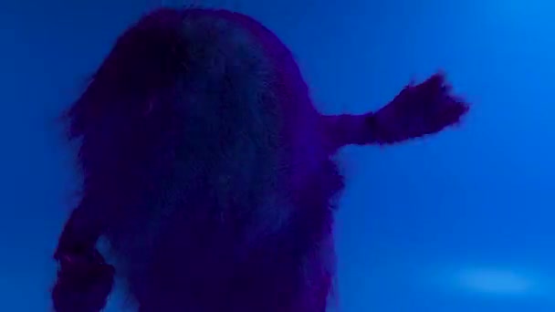 Allegro colorato peloso personaggio dei cartoni animati danza da vicino, animale peloso, divertirsi, peloso animazione mascotte. Design moderno e minimalista. Lampeggiante neon club light. Animazione 3d di loop senza soluzione di continuità. — Video Stock
