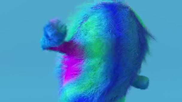 Joyeux personnage de dessin animé poilu coloré dansant de près, animal à fourrure, s'amuser, animation de mascotte poilue. Design minimaliste moderne. Animation 3D de boucle transparente. — Video
