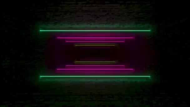 Flying through glowing neon lines creating a brick tunnel, blue red pink violet spectrum, fluorescent ultraviolet light, modern colorful lighting, 4k seamless loop cg animation — Stock Video