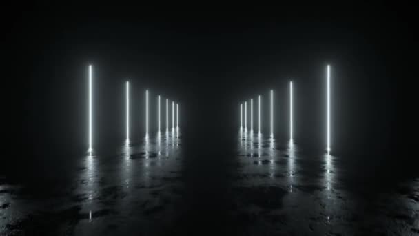 Futurystyczne sci fi bacgkround. Białe neony świecące w pomieszczeniu z betonową podłogą z odbiciami pustej przestrzeni. Obcy, statek kosmiczny, przyszłość, łuk. Postęp. Animacja 3D płynnej pętli. — Wideo stockowe