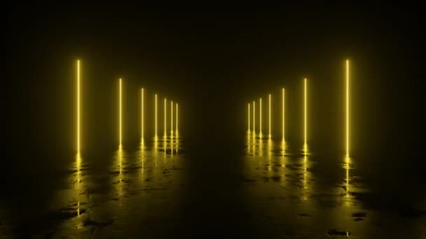 Futuristisches Science-Fiction-Spektakel. Gelbe Neonlichter leuchten in einem Raum mit Betonboden, in dem sich der leere Raum spiegelt. Alien, Raumschiff, Zukunft, Bogen. Fortschritt. 3D-Animation der nahtlosen Schleife. — Stockvideo
