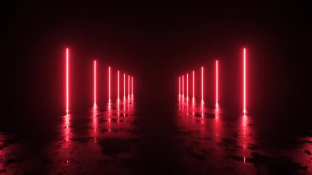 Futuristiska sci fi bacgkround. Röda neonljus lyser i ett rum med betonggolv med reflektioner av tomt utrymme. Utomjording, rymdskepp, framtid, båge. Framsteg. 3D-animering av sömlös loop. — Stockvideo