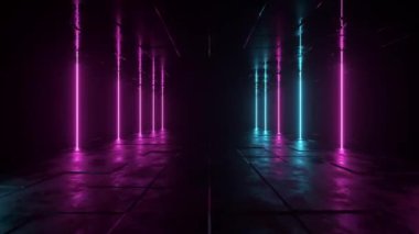 Gelecekçi bilim kurgu arka raundu. Beton zemin ve boş uzayın yansımaları olan bir odada parlayan mavi neon ışıklar. Uzaylı, Uzay Gemisi, Gelecek, Kemer. İlerleme var. Kusursuz döngünün 3 boyutlu animasyonu.