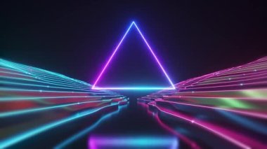 Soyut neon üçgen tünel teknolojisi. Canlandırılmış arka plan ve yüzeye çıkan bir dalga. Modern neon ışığı. Parlak neon çizgiler parıldar ve ilerler. Kusursuz 3D döngü oluşturucu