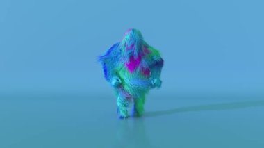 Neşeli renkli kıllı çizgi film karakteri, kürklü hayvan, eğleniyor, tüylü maskot animasyonu. Modern minimalist tasarım. Kusursuz döngünün 3d animasyonu.