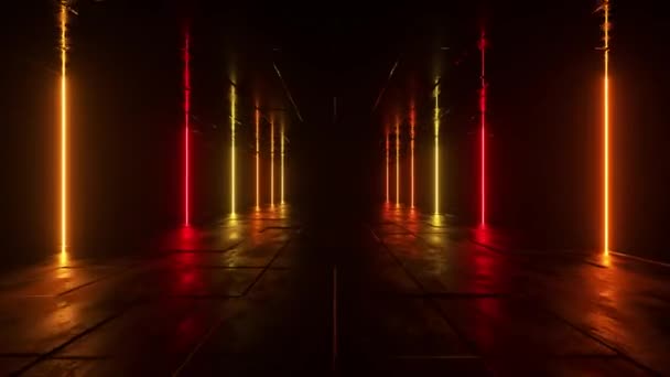 Futuristisches Science-Fiction-Spektakel. Rot-orangefarbene Neonlichter leuchten in einem Raum mit Betonboden, in dem sich die Reflexionen des leeren Raumes spiegeln. Alien, Raumschiff, Zukunft, Bogen. Fortschritt. 3D-Animation der nahtlosen Schleife. — Stockvideo
