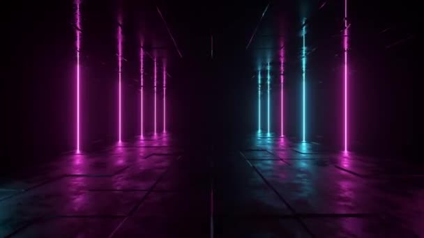 Futurista ciencia ficción bacgkround. Luces de neón azul púrpura brillando en una habitación con suelo de hormigón con reflejos de espacio vacío. Alien, Nave Espacial, Futuro, Arco. Progresos. Animación 3D de bucle sin costura. — Vídeo de stock