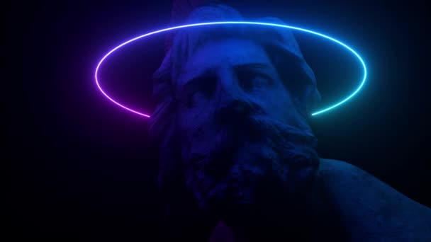 Philopoemen Scultura illuminata da luce al neon. Museo oggetto d'arte ottenuto dalla scansione 3D. Design retro futuristico. Animazione 3d — Video Stock