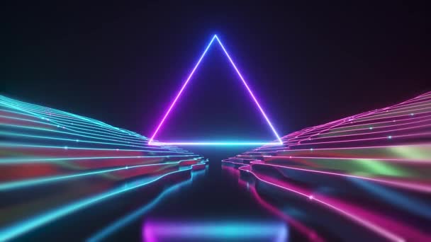 Abstrakt neon triangel tunnel teknik. Animerad bakgrund med en våg klev yta. Modernt neonljus. Ljusa neonlinjer glittrar och rör sig framåt. Sömlös slinga 3d render — Stockvideo