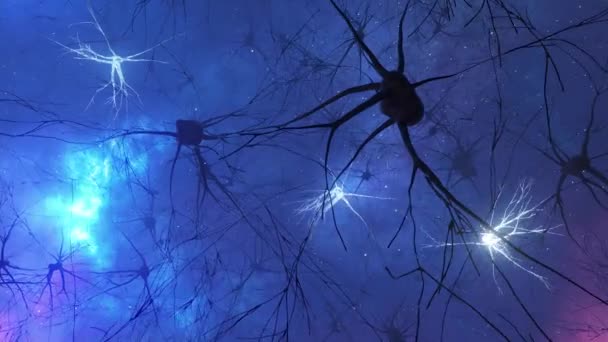 Анимация активности нейронов и синапсов. Нейронные связи в открытом космосе, радиоактивность, нейротрансмиттеры, мозг, аксоны. Электрические импульсы передают сигналы. Концепция сознания. — стоковое видео