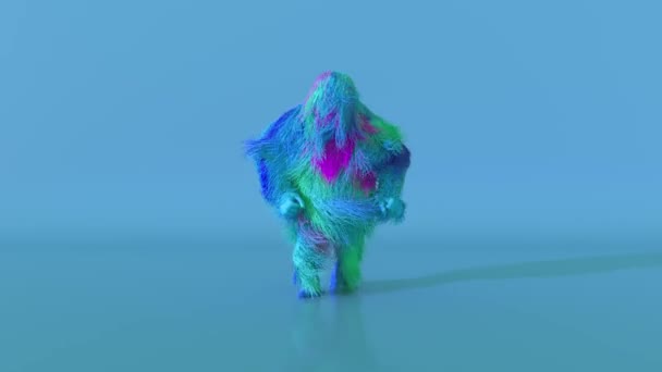 Alegre colorido personaje de dibujos animados peludos bailando, animal peludo, divertirse, animación mascota peluda. Diseño minimalista moderno. animación 3d de bucle sin costura. — Vídeo de stock