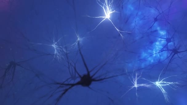 Анімація активності нейронів і синапсів. Нейронні зв'язки в космосі, радіоактивність, нейромедіатори, мозок, аксони. Електричні імпульси передають сигнали. Концепція розуму . — стокове відео